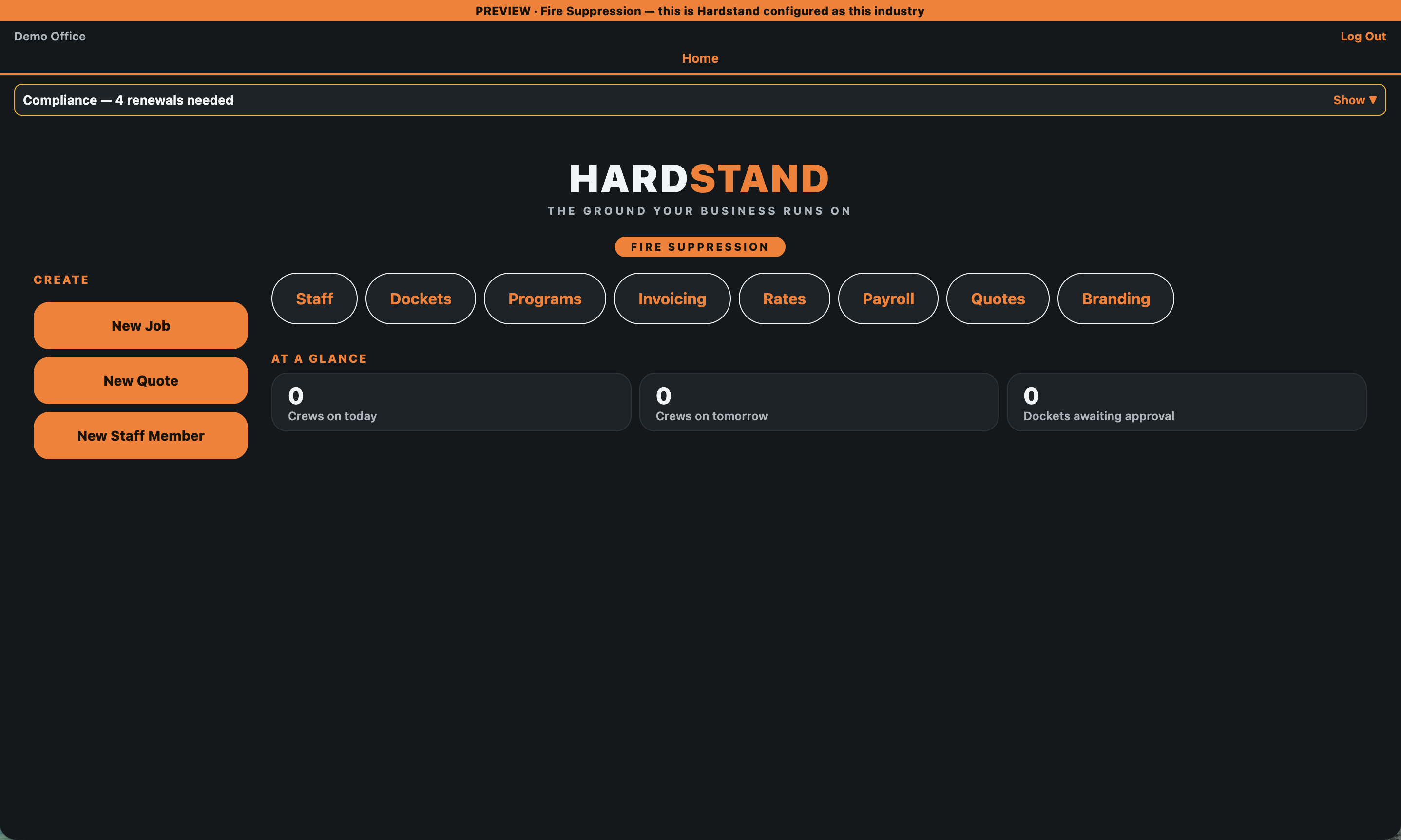 The Hardstand office dashboard — jobs, dockets, invoicing, payroll and quotes in one place, configured to your industry.