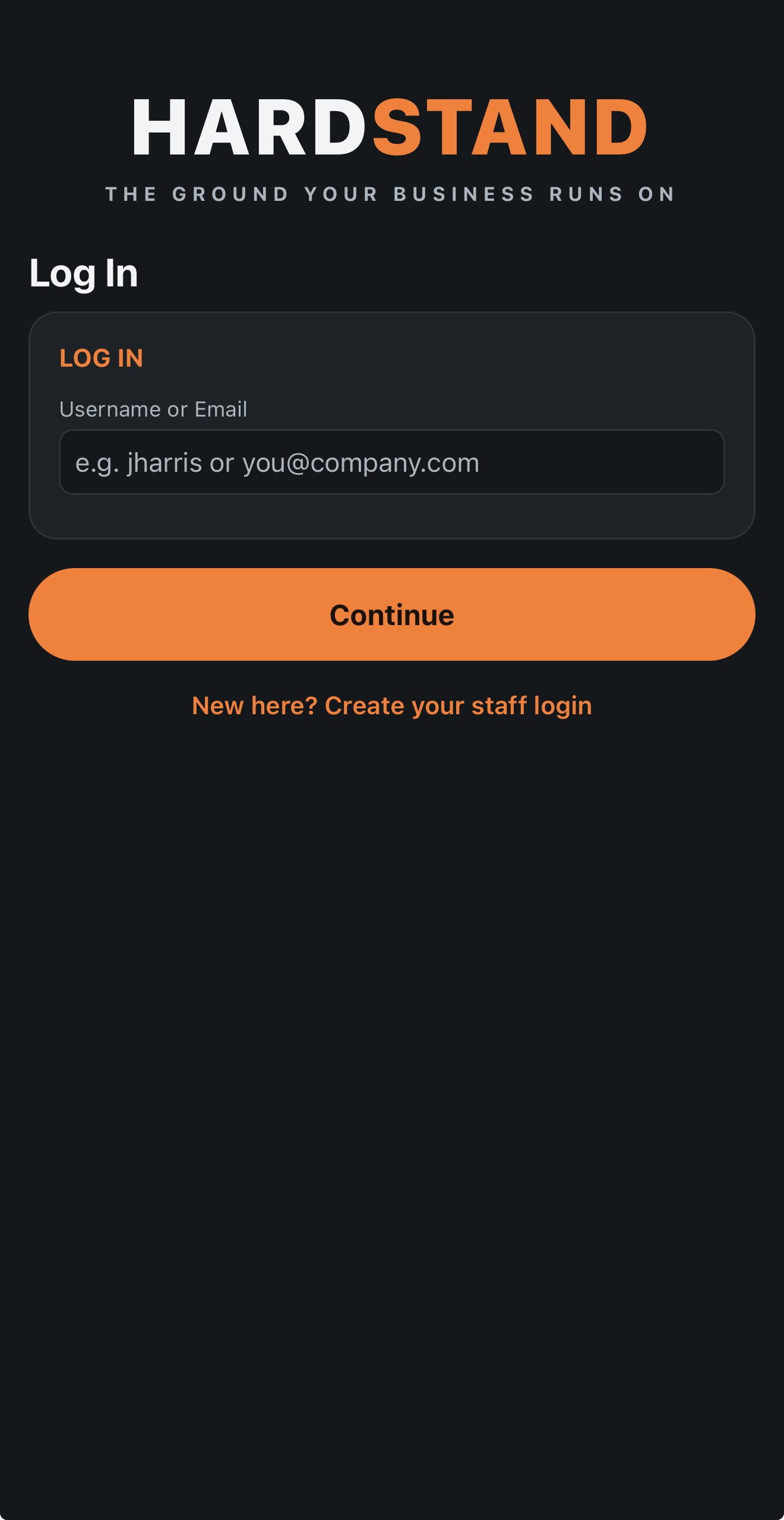 The Hardstand app on a phone — staff and crews log in to see their jobs, capture work and sign off on site.